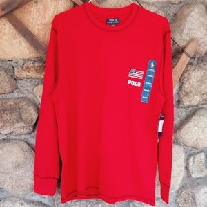 Polo Ralph Lauren USA Flag Logo Long Sleeve Thermal Waffle Shirt Mens Red sz XL